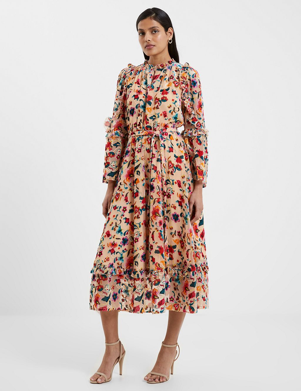 Floral High Neck Ruffle Midi Tiered Dress | French Connection | M&S
