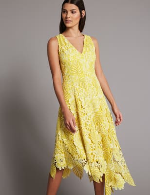 New Love Triangle Royal Yellow Lace Midi Dress Sz UK 10