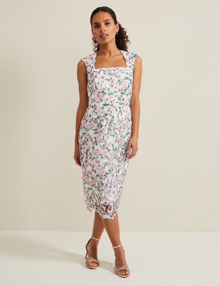 Floral Lace Square Neck Midi Column Dress 1 of 6