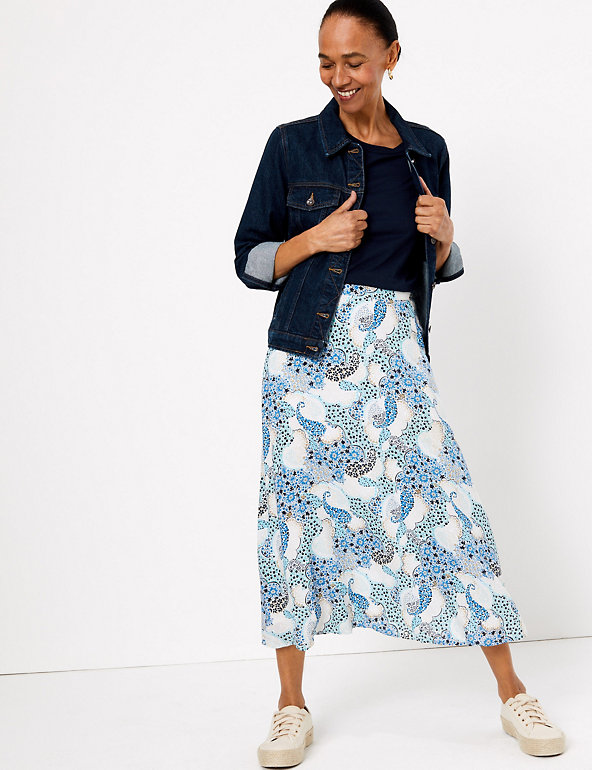 Ladies Aline Skirt M&S Grey Floral Jacquard Midi Cotton Mix BNWT Marks Classic