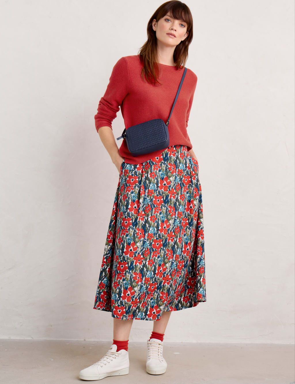 Floral Midi A-Line Skirt With Linen