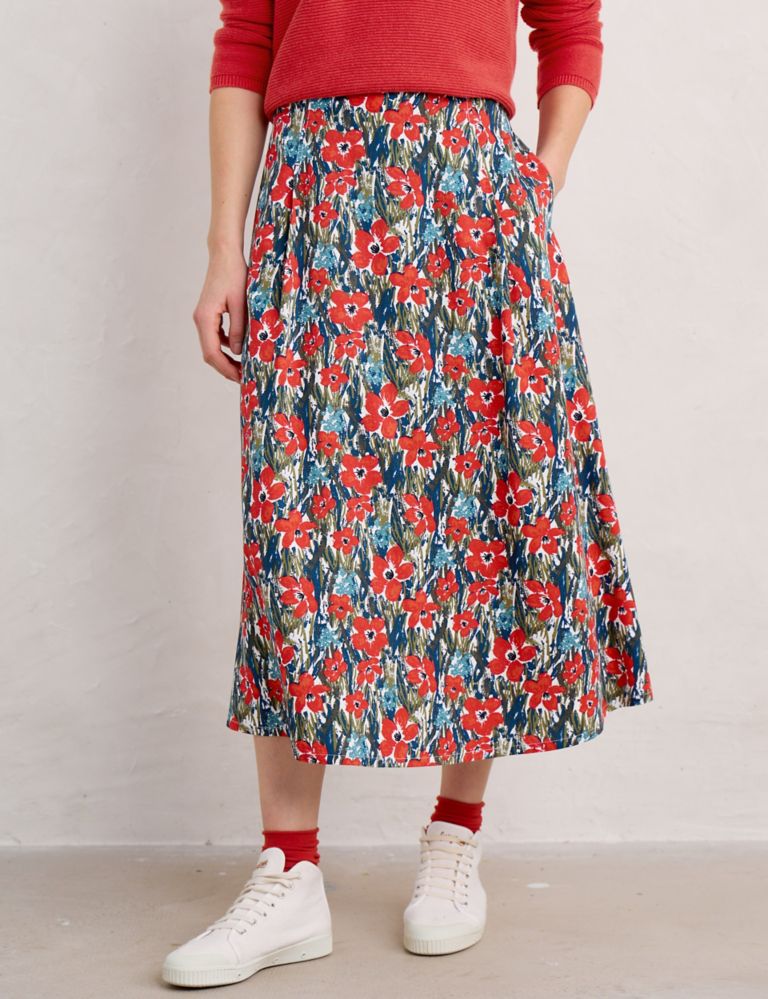 Floral Midi A-Line Skirt With Linen 3 of 6