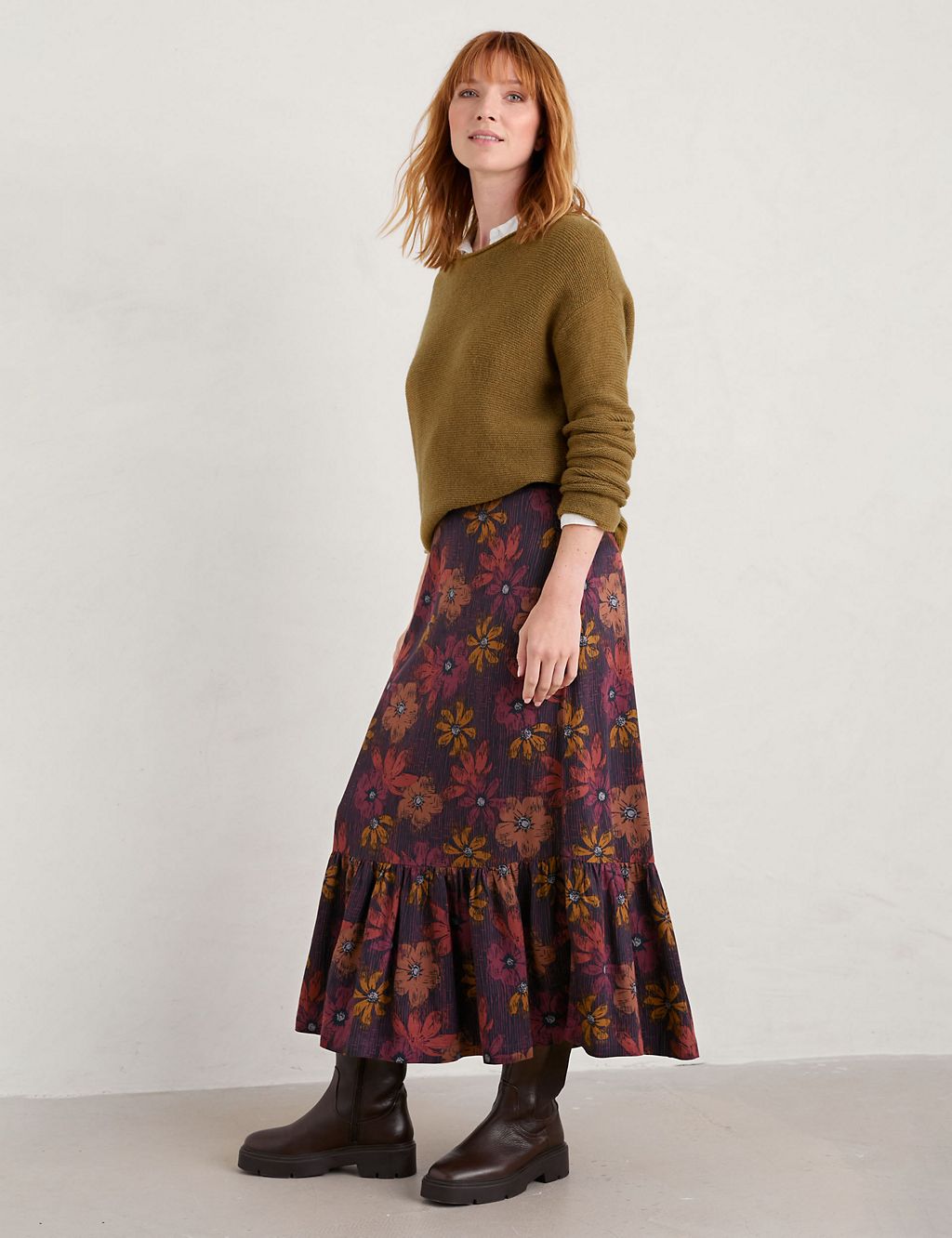Floral Midi A-Line Skirt with Linen 3 of 5