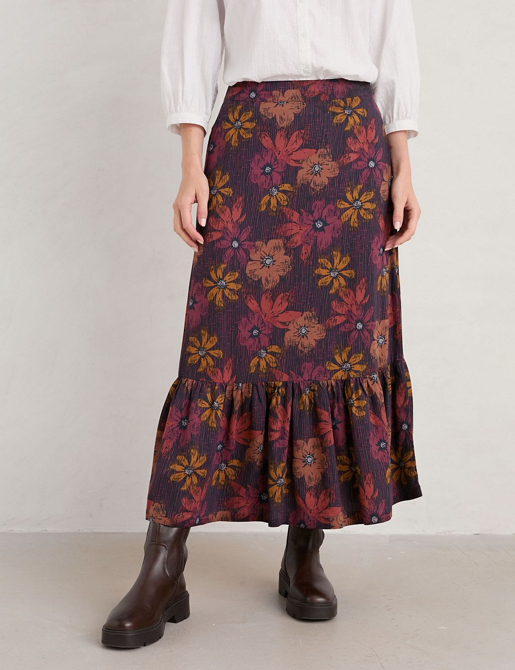 Floral Midi A-Line Skirt with Linen 2 of 5