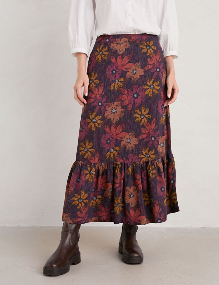 Floral Midi A-Line Skirt with Linen 3 of 5
