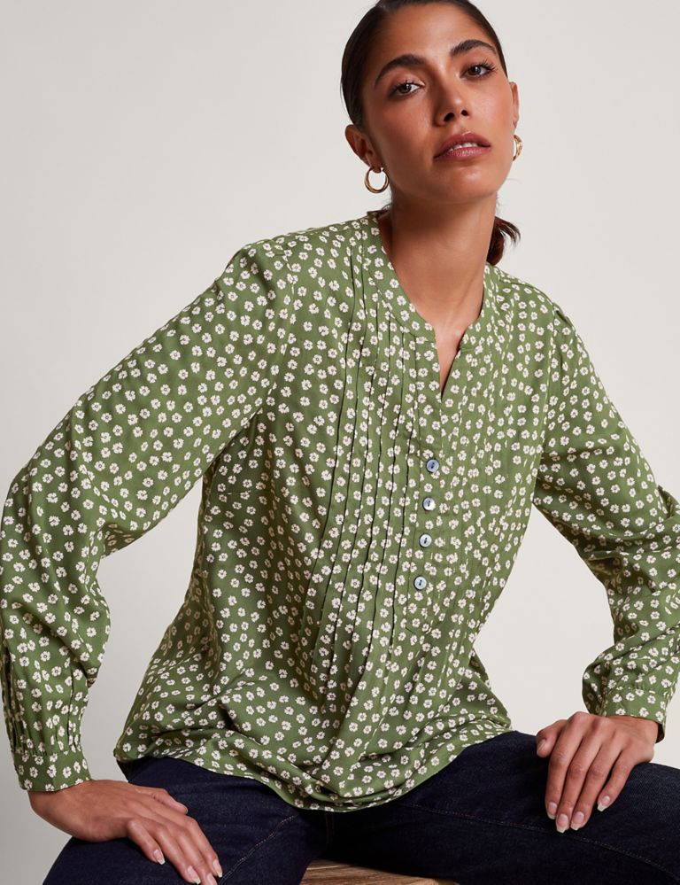 Floral Notch Neck Pintuck Blouse 1 of 5