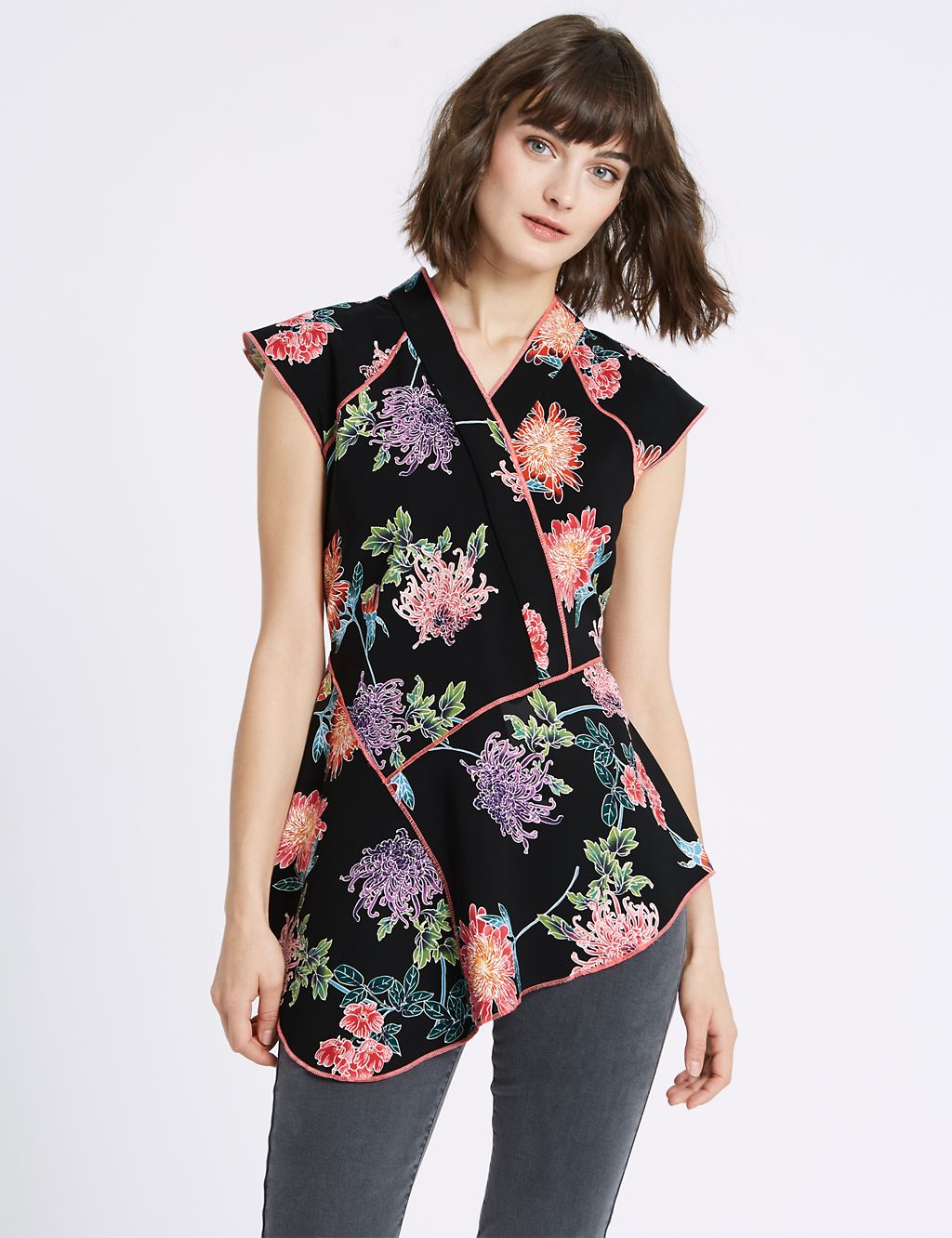 Floral Oriental Print Cap Sleeve Shell Top 3 of 4