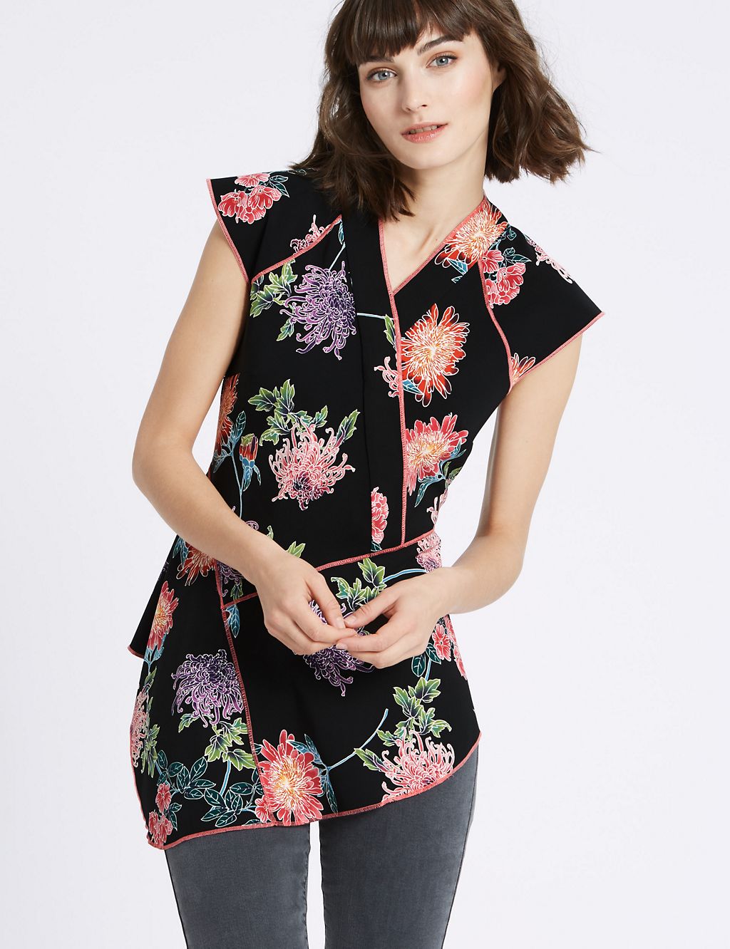 Floral Oriental Print Cap Sleeve Shell Top 2 of 4