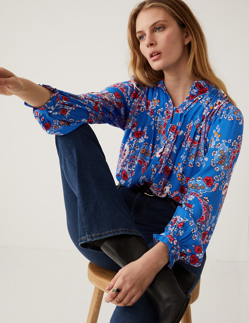 Floral Pintuck Long Sleeve Blouse 3 of 6