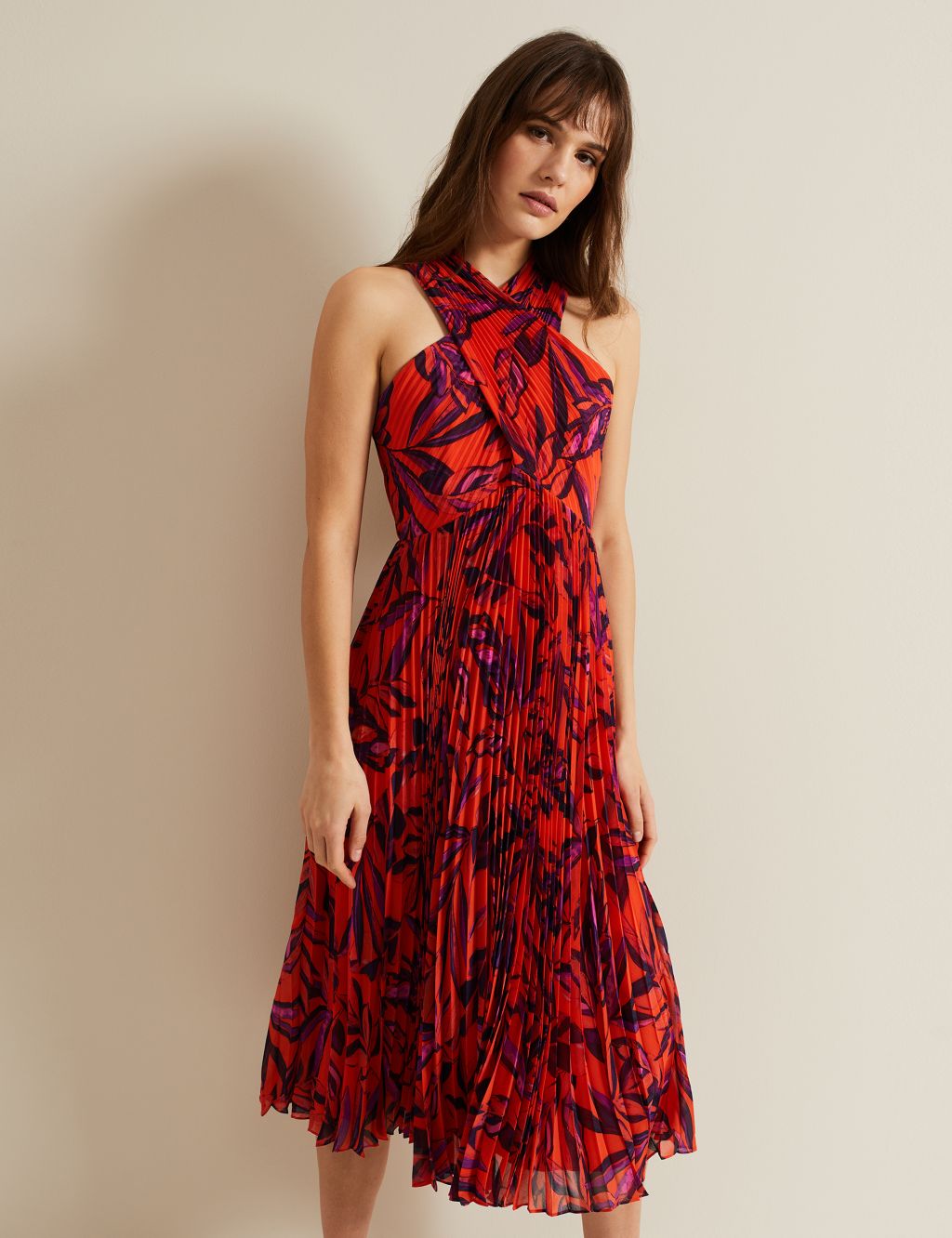 Floral Pleated Midi Waisted Dress 2 of 7