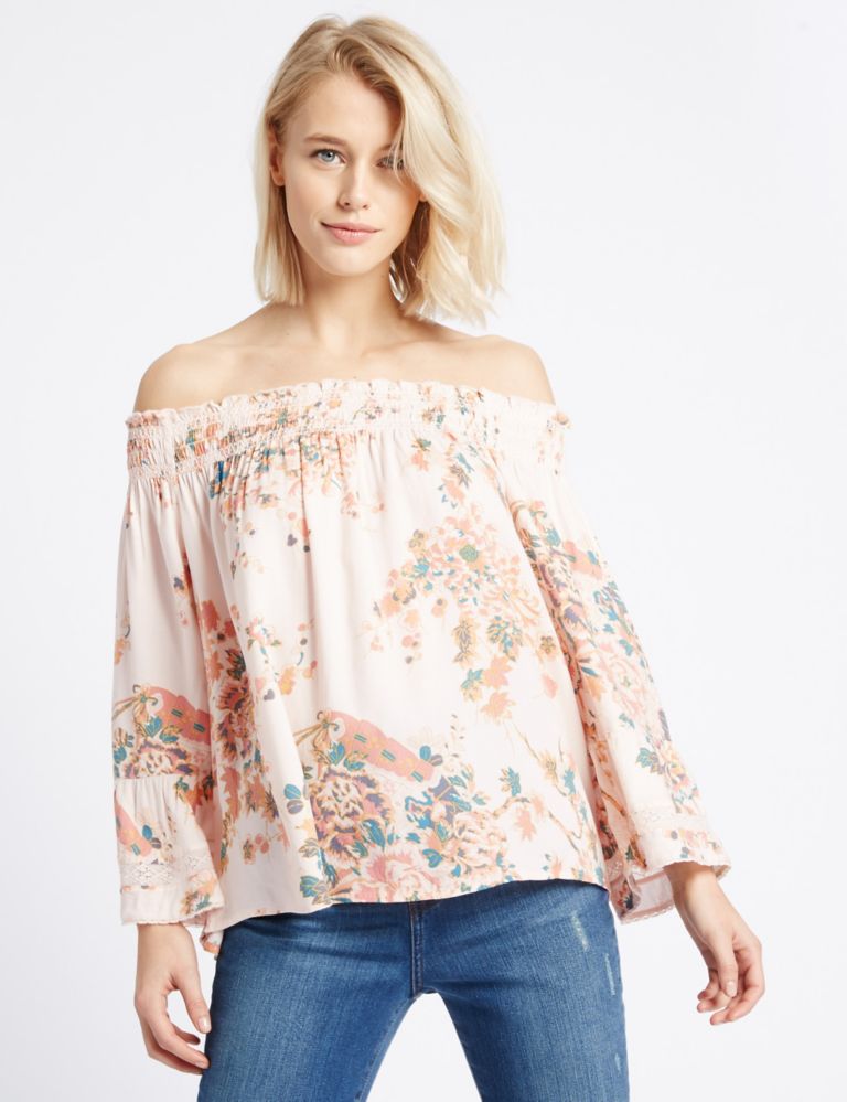 Floral Print Bardot Flared Sleeve Blouse 1 of 5