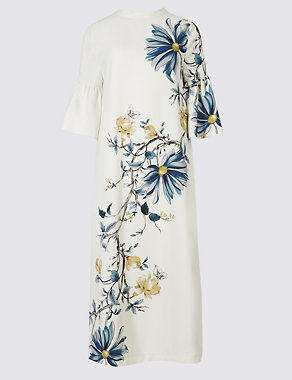 Floral Print Flared Sleeve Tunic Midi Dress Image 2 of 7