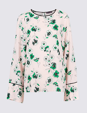 Floral Print Flute Sleeve Round Neck Blouse Image 2 of 4