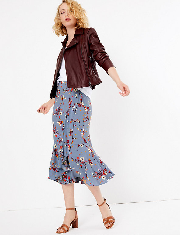 Floral Print Frill Midi Skirt