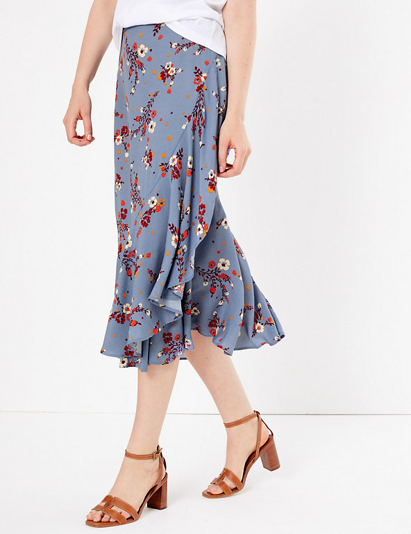 Floral Print Frill Midi Skirt