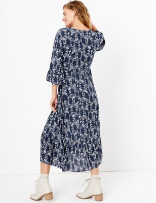Marks and Spencer Floral Print Frill Sleeve Swing MIDI Dress M&S Collection  (8) : : Fashion