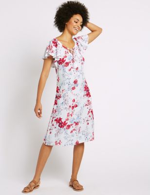 Floral Print Frill Sleeve Swing Midi Dress | M&S Collection | M&S