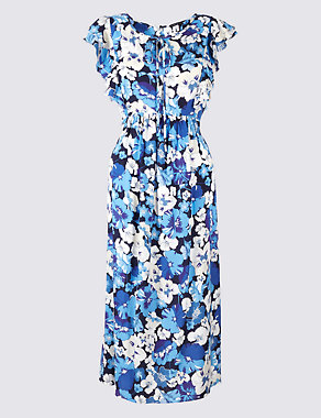Floral Print Frill Sleeve Swing Midi Dress Image 2 of 5