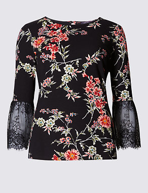 Floral Print Lace Cuff Jersey Top Image 2 of 4