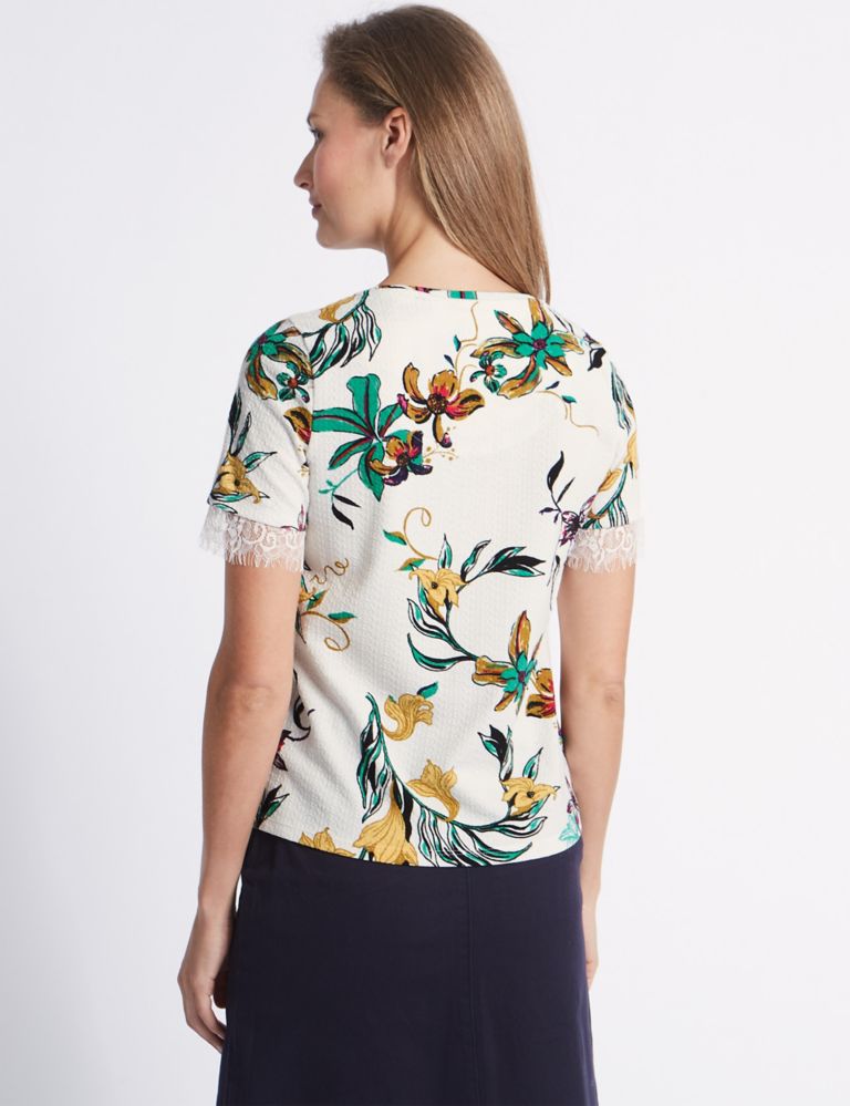 Floral Print Lace Hem Short Sleeve T-Shirt 4 of 4