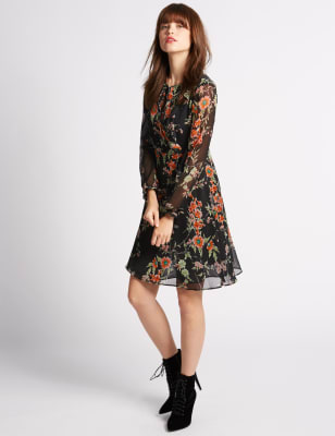 long sleeve floral fit and flare dress