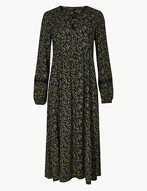 Floral Print Long Sleeve Relaxed Midi Dress Image 2 of 4