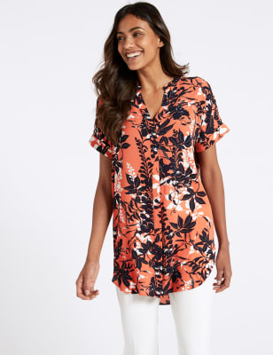 Floral Print Longline Short Sleeve Blouse M S Collection M S