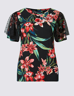 Floral Print Mesh Shoulder T-Shirt Image 2 of 5