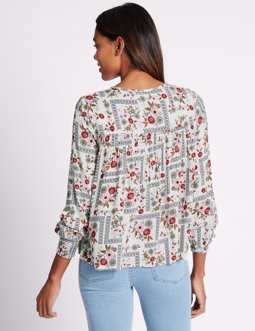 Floral Print Notch Neck Long Sleeve Blouse 2 of 4