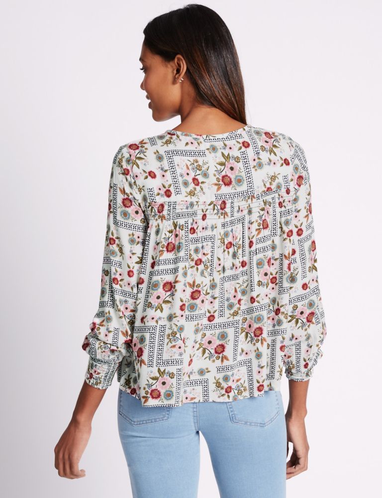 Floral Print Notch Neck Long Sleeve Blouse 3 of 4