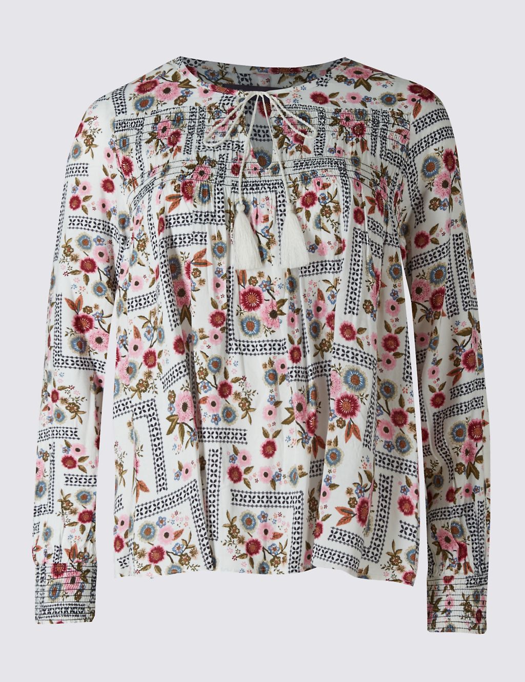 Floral Print Notch Neck Long Sleeve Blouse 1 of 4