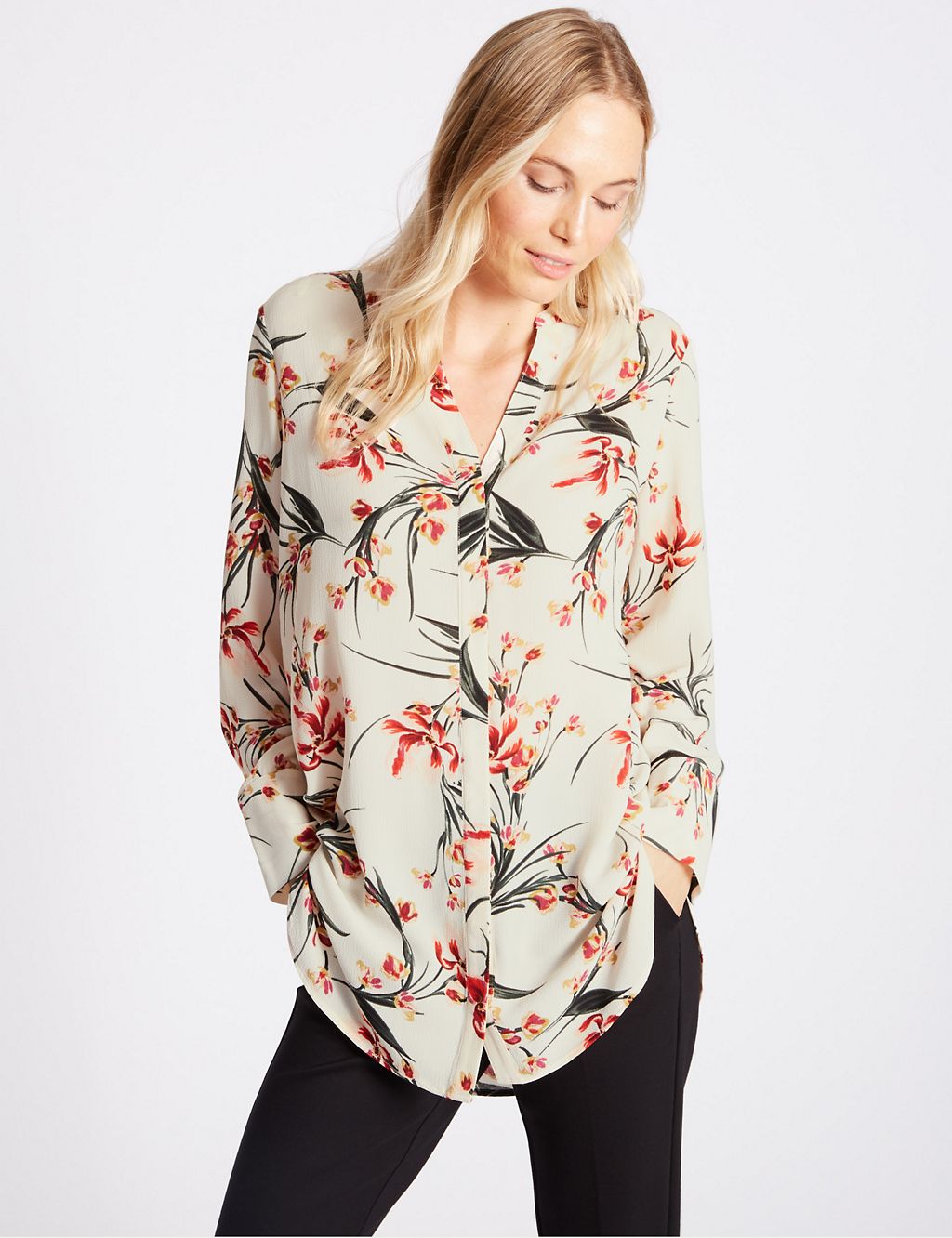 Floral Print Notch Neck Long Sleeve Tunic 3 of 5