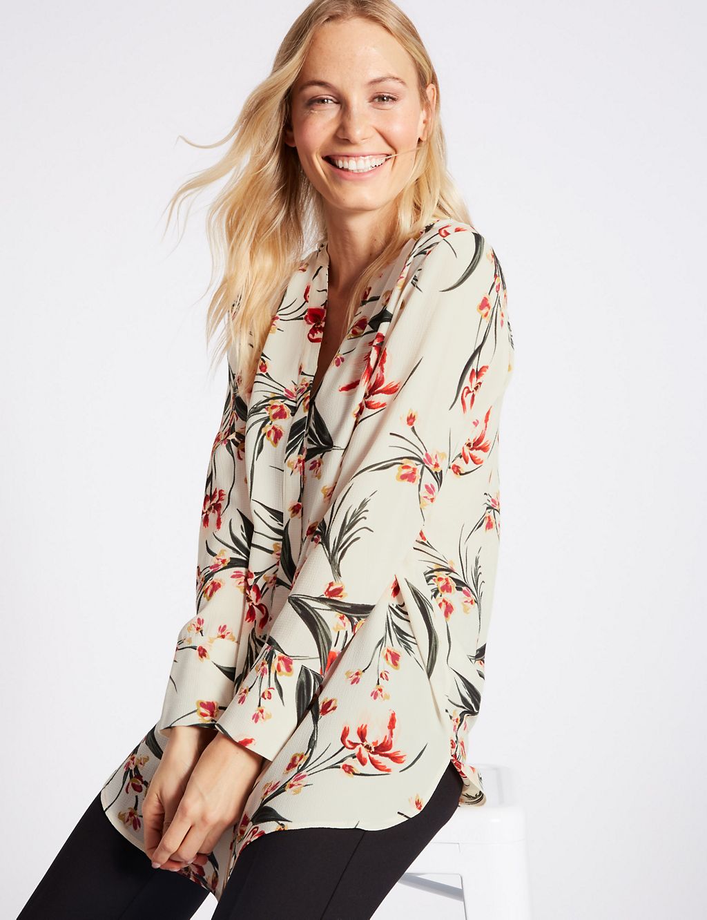 Floral Print Notch Neck Long Sleeve Tunic 2 of 5