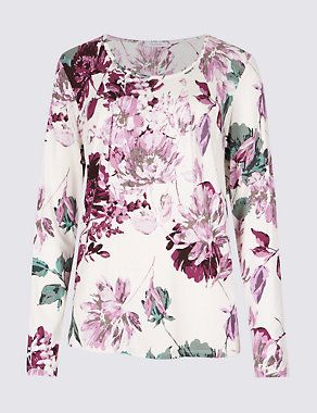 Floral Print Pleated Neck T-Shirt Image 2 of 5