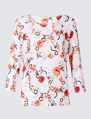 Floral Print Round Neck 3/4 Sleeve T-Shirt Image 2 of 5