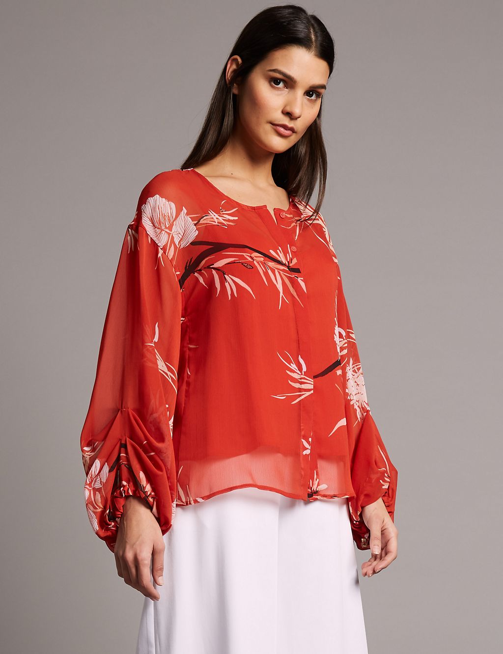 Floral Print Round Neck Bubble Sleeve Blouse 2 of 5