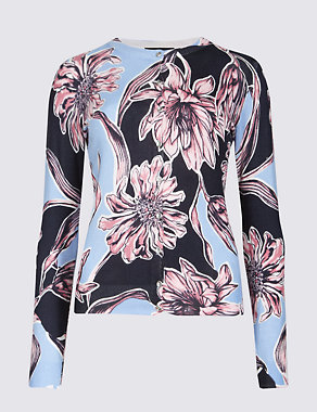 Floral Print Round Neck Long Sleeve Cardigan Image 2 of 5