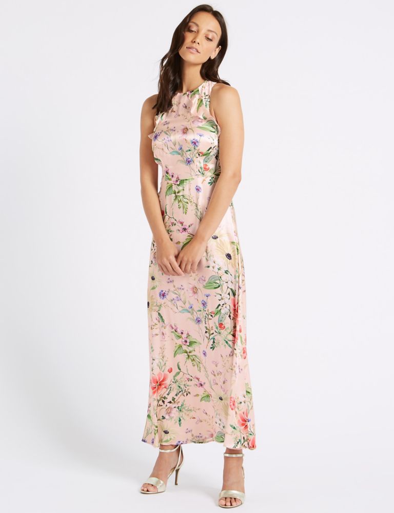 Floral Print Satin Bodycon Maxi Dress 1 of 7