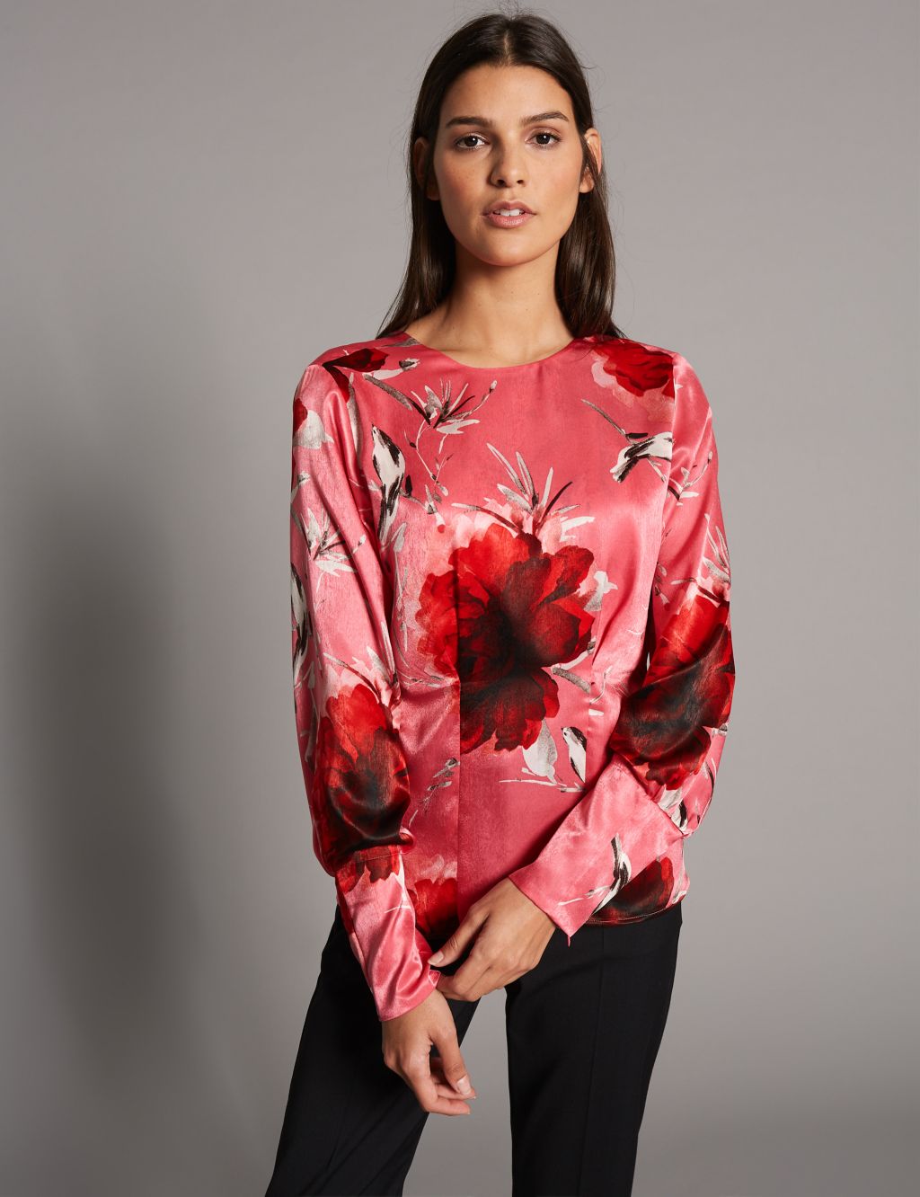 Floral Print Satin Long Sleeve Blouse 2 of 4