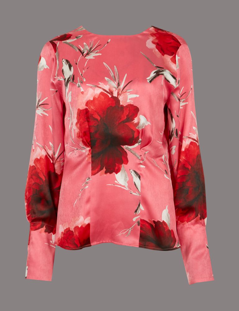 Floral Print Satin Long Sleeve Blouse 2 of 4