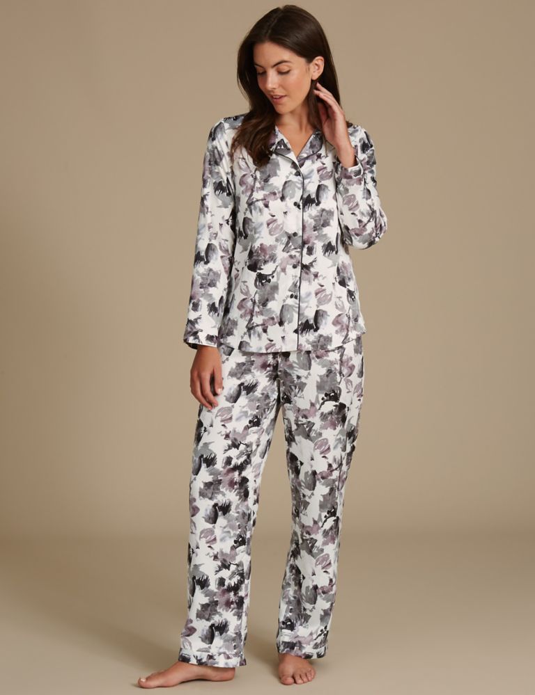 Floral Print Satin Long Sleeve Pyjama Set 1 of 6