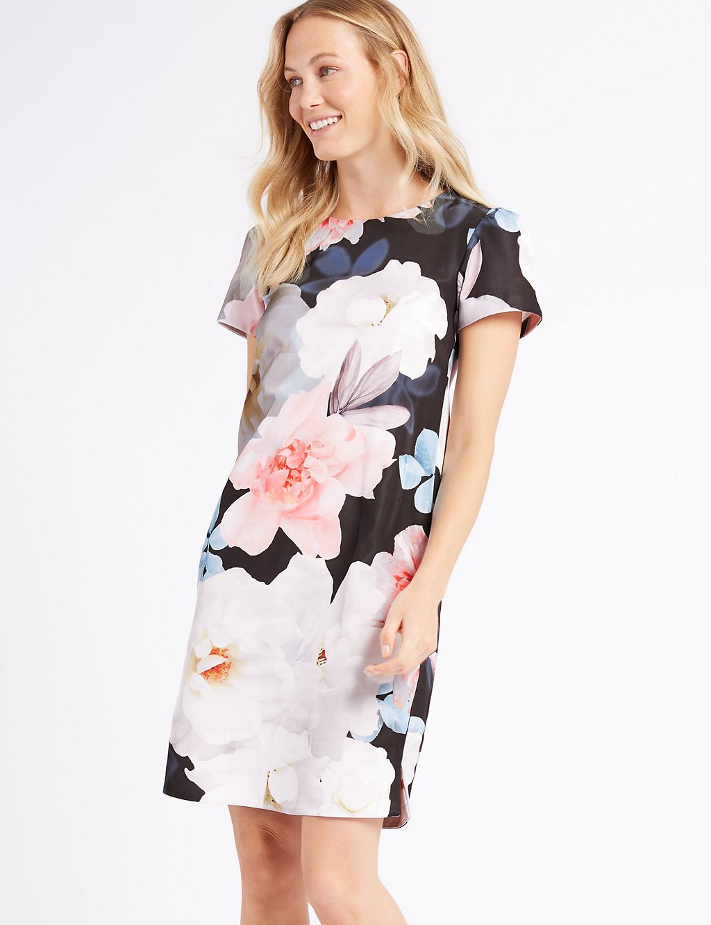 Floral Print Satin Short Sleeve Tunic Dress 2 of 4