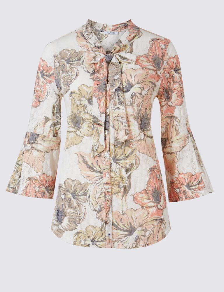 Floral Print Tie Front 3/4 Sleeve Shirt 2 of 5