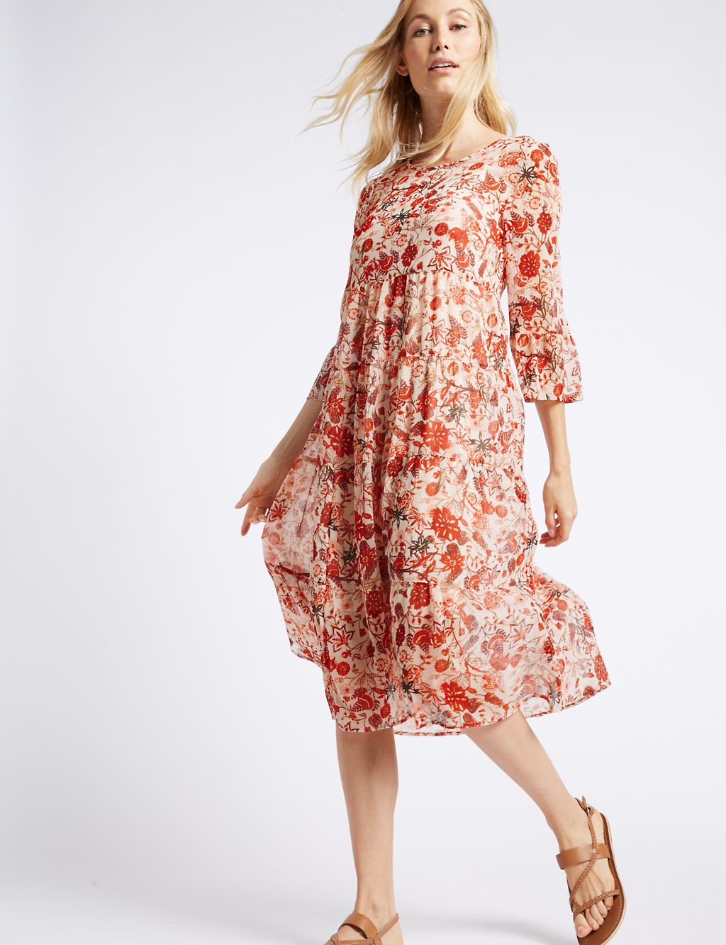 Floral Print Tiered 3/4 Sleeve Midi Dress | M&S Collection | M&S