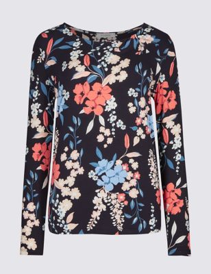 Floral Print Twist Neck Long Sleeve T-Shirt Image 2 of 5