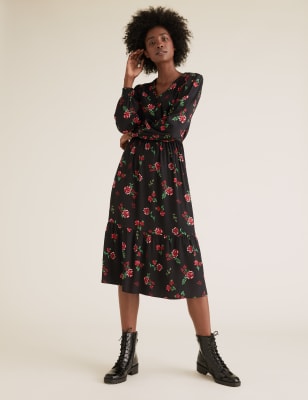 Floral Print V Neck Midi Waisted Dress M S Collection M S