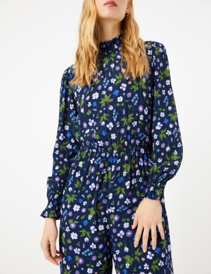 Navy floral high neck best sale print jumpsuit with tie front