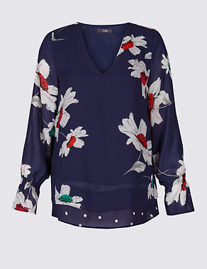 Floral Print Waterfall Long Sleeve Blouse Image 2 of 5