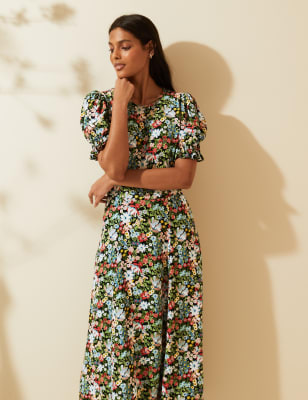 Floral puff 2025 sleeve midi dress