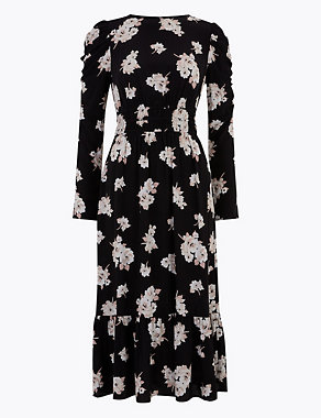 Floral Puff Sleeve Midi Waisted Dress Image 2 of 4